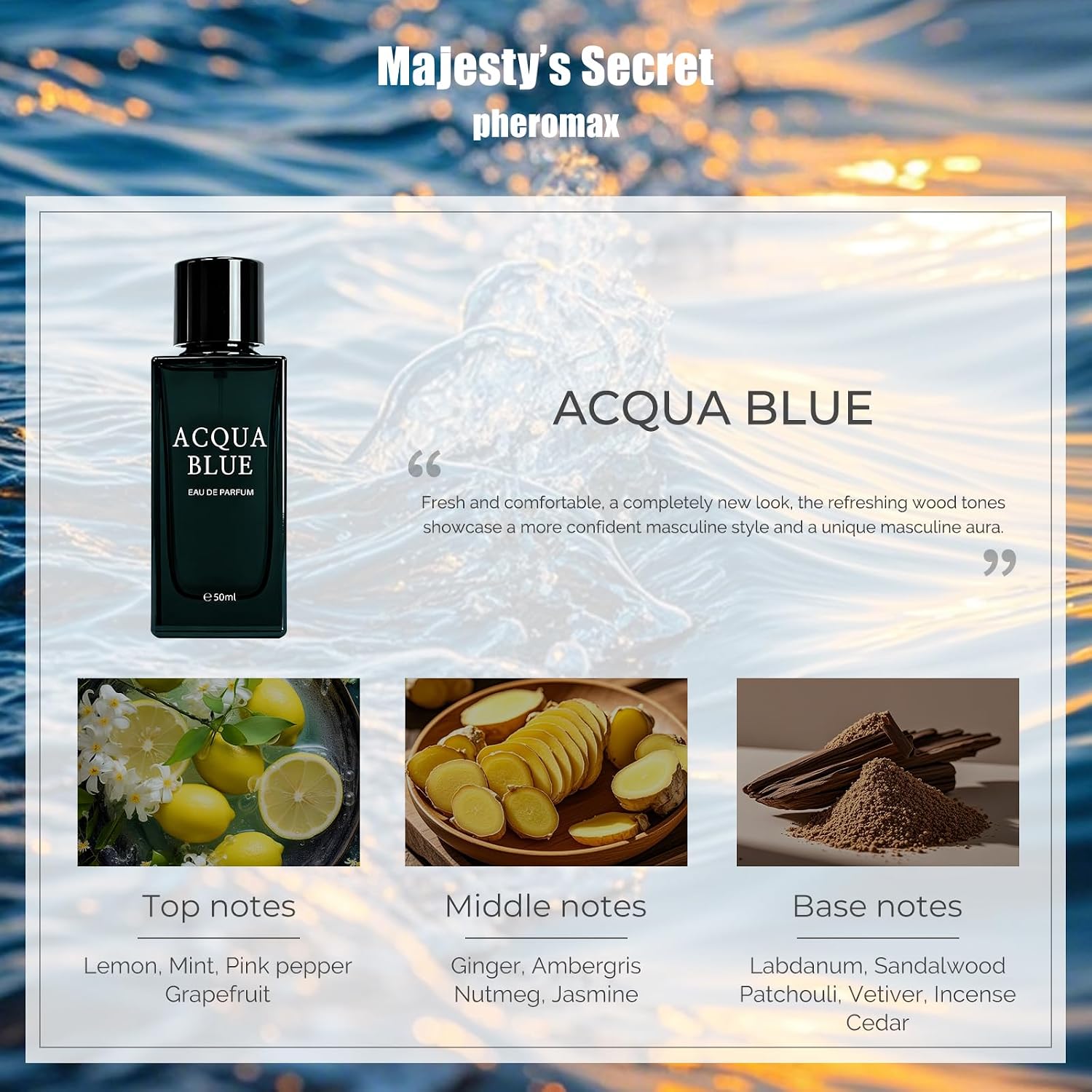 Acqua Blue Eau de Parfum for Men, 50ml Fresh Woody Fougere Cologne with Lemon, Mint & Pink Pepper Notes, Long-Lasting Clean Masculine Fragrance for Office, Daily Wear & Gifts