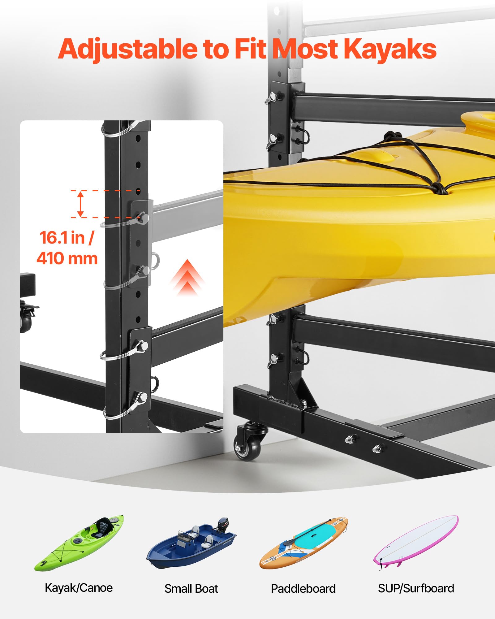 VEVOR Freistehendes Kajak-Aufbewahrungsregal für 3 Kajaks/Kanus/Surfbretter/Paddleboards, Kajakständer mit Feststellbaren Rollen für den Außen- und Innenbereich, Einstellbarer Kajakhalter 90 kg
