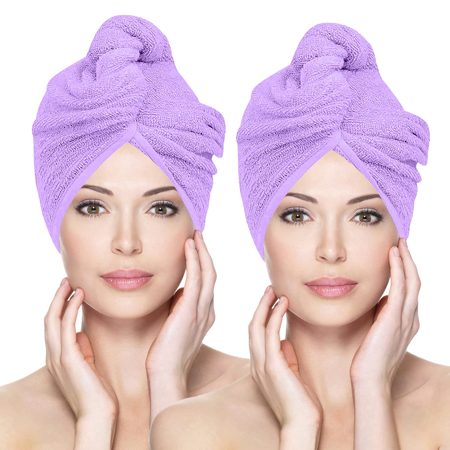 Glamza 2 Pack (Large) - Purple Microfibre Hair Towel Wrap Super Absorbing Twist Turban Hair Wrap With Buttons For Fast Drying Hair (2 Pack (Large) - Purple)