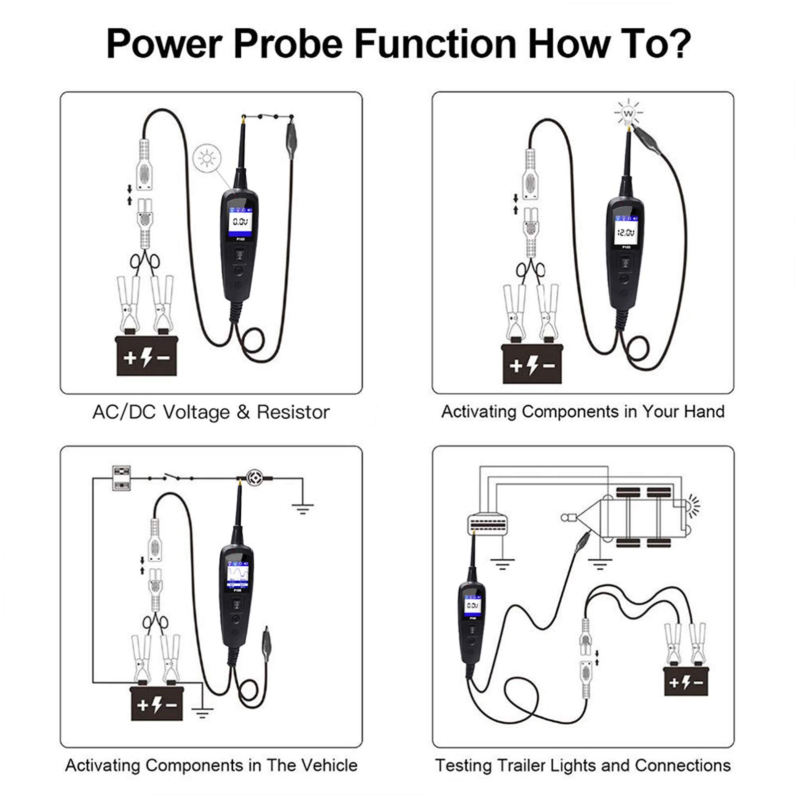 Testeur de circuit, sonde de tension automobile P100 et outil de diagnostic électrique avec câble d’extension de 32,8 pieds, pour contrôler alimentation, masse et continuité