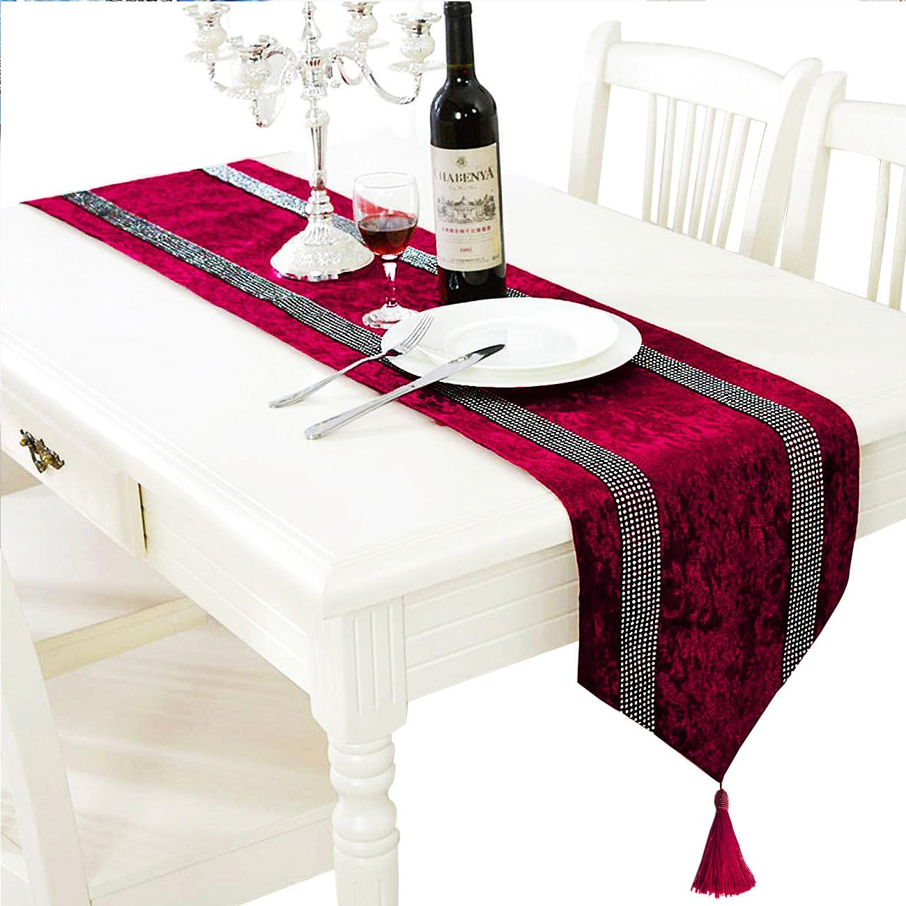 Jiino Camino de mesa de 33 x 200 cm, con lentejuelas y tiras de diamante y elegantes borlas para el hogar, cocina, fiestas, bodas, decoraciones, burdeos