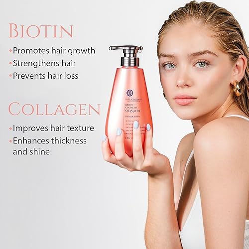Miniatura 5 de Set de champú y acondicionador de biotina y colágeno, champú y acondicionador para el crecimiento del cabello para mujeres con aceite de coco,