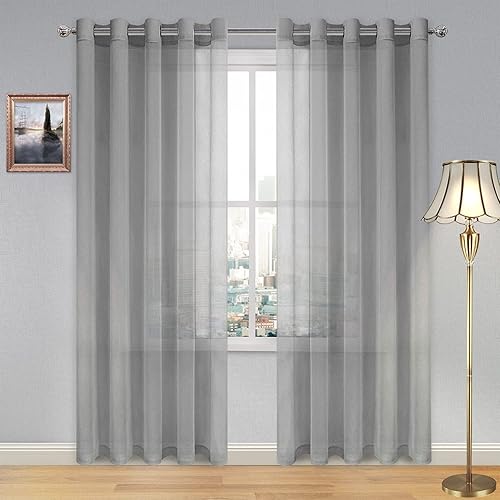 DWCN Grey Sheer Curtains Linen Look Semi Transparent Voile Grommet Curtains for Living Dining Room Drapes 60 x 84 Inch Long, Set of 2 Panels
