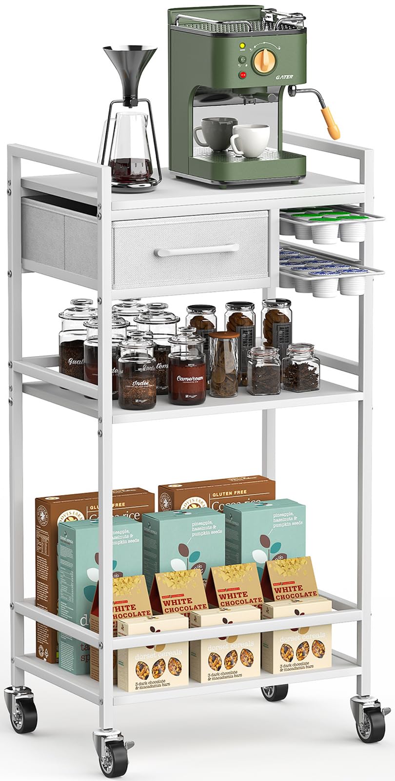 Housolution 4-Tier Coffee Bar Cart with Storage, 33" H Coffee Station Cabinet with Pod Drawers for Nespresso Vertuo, Mini Toaster Oven Stand Table for