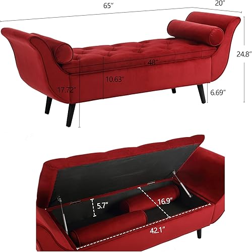 Miniatura 9 de Banco de almacenamiento de terciopelo para dormitorio otomano, banco de cama tapizado con botones para dormitorios, tamaño King con brazos