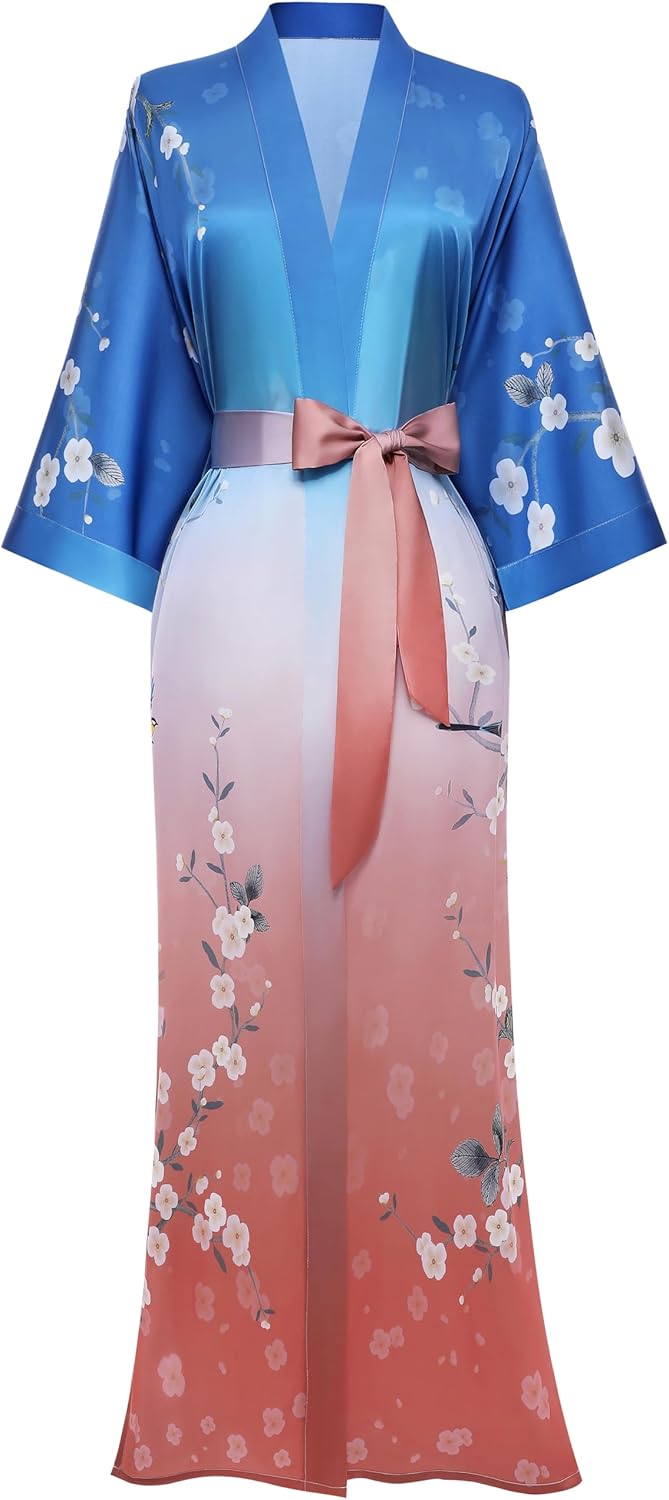 PRODESIGN Kimono Robe for Women - Long Satin Sleepwear Silky Kimono Cover-Up Nightgown Japanese Bathrobe Loungewear Blouse