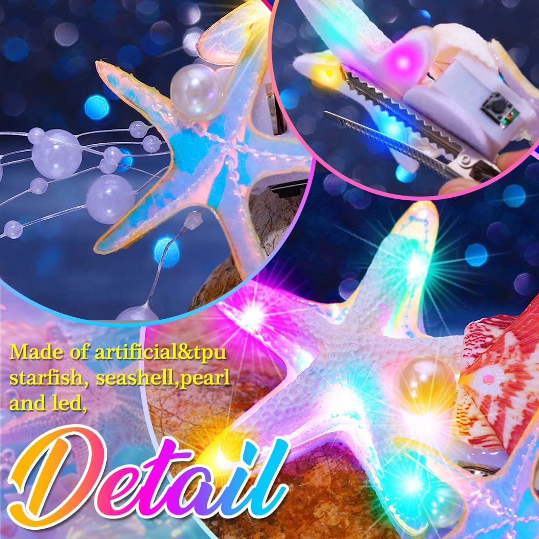 CAKURE Light Up Starfish Hair Clips Led Seashell Hair Clip Barrettes Mermaid Hair Accessories for Women and Girls (Pack of 2) - Image 4
