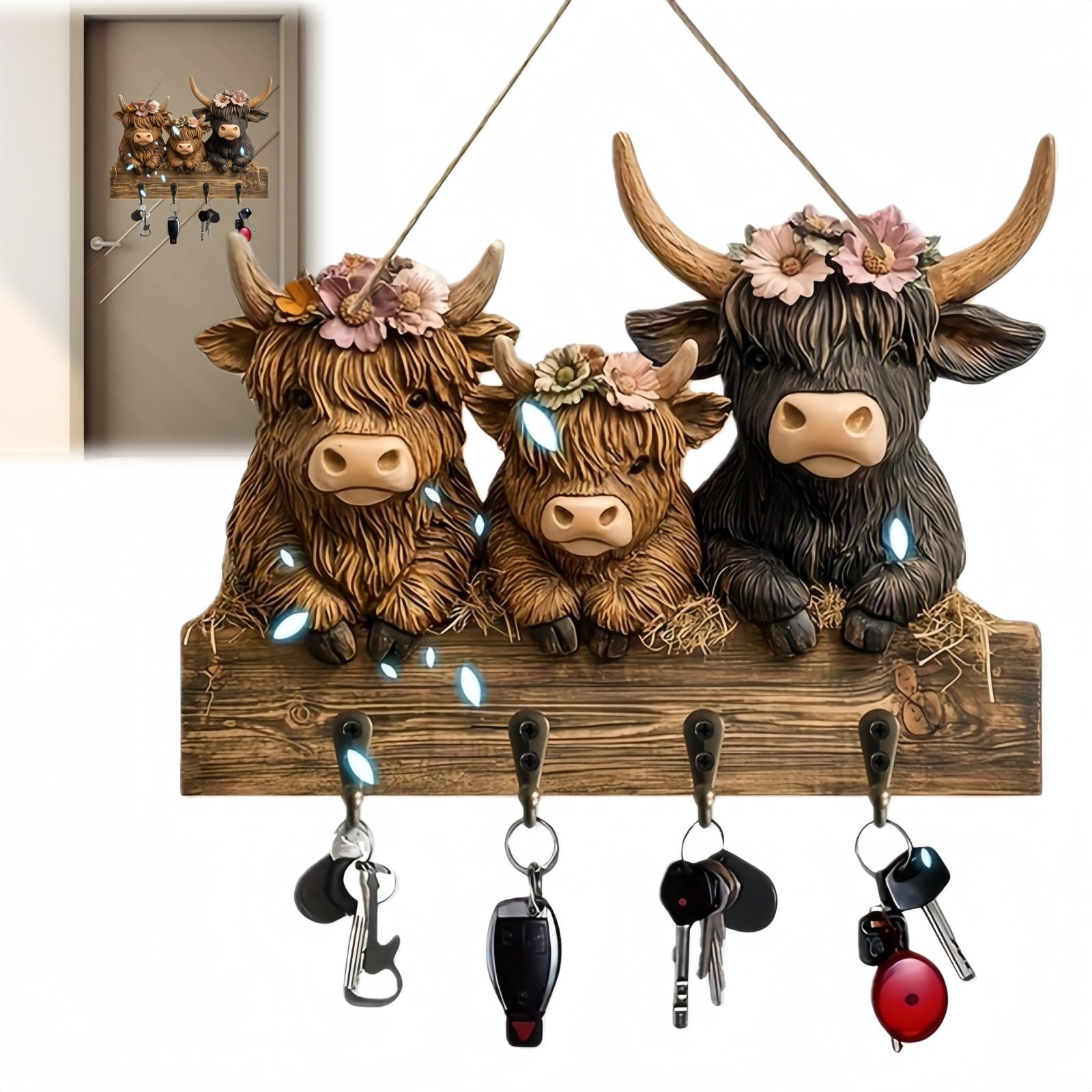 KUYTUE 2D Highland Cow Gifts for Women Men,Highland Cow Ornaments Key Holder Wall Mounted,Bullhead Animal Wooden Key Rack with 4 Hooks,Decorative Wall Key Hanger for Entryway Hallway Farmhouse