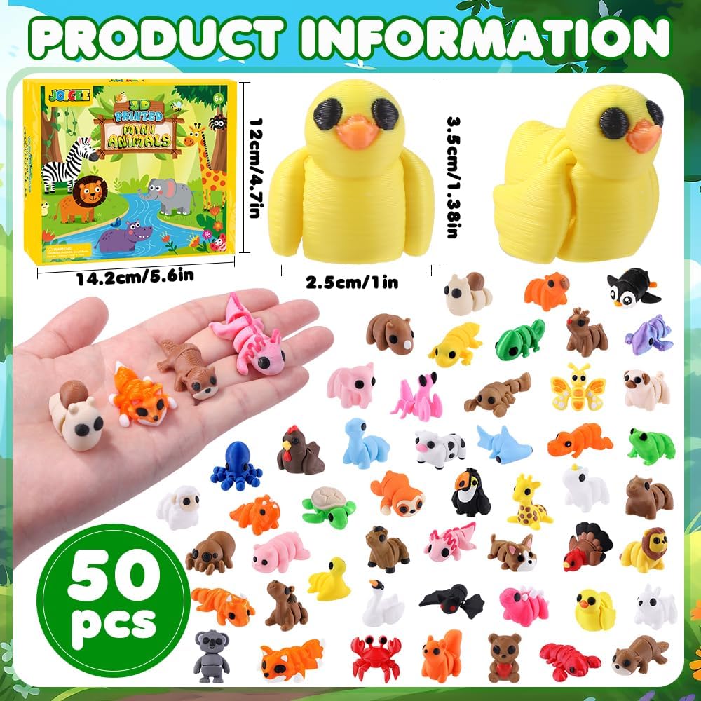 JOICEE 50 Pcs Mini 3D Printed Animal Figurines Set, Articulated Flexible Fidget Toys Cute Desk Pets Decor for Kids Party Favors Birthday Gifts Classroom Rewards Office Home Decorations