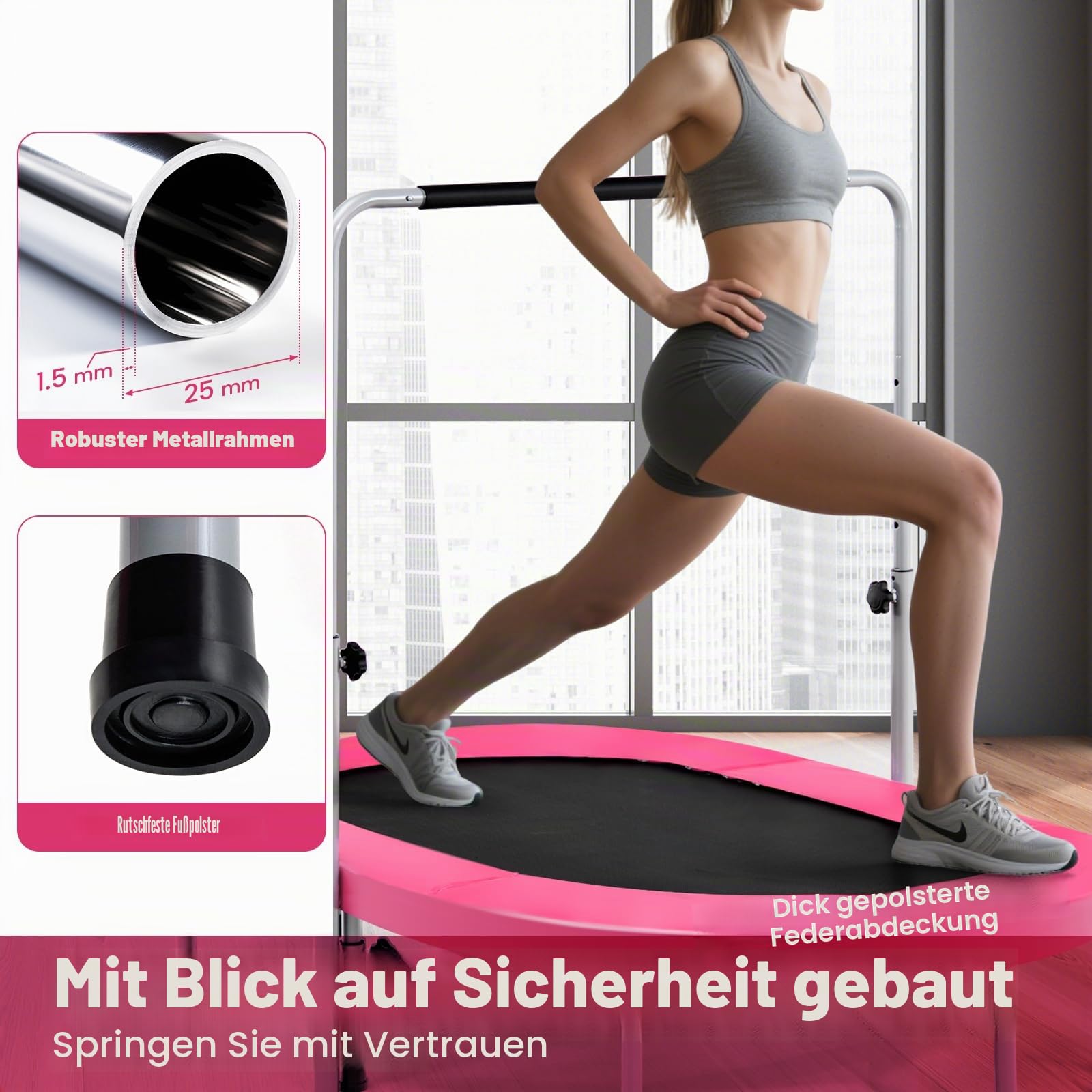 LIFEZEAL Trampolin für 2 Personen, Faltbares Doppeltrampolin mit Armlehnen, Ovales Sporttrampolin mit verstellbarem Griff, Fit Indoor Fitness Trampolin für Kinder und Erwachsene