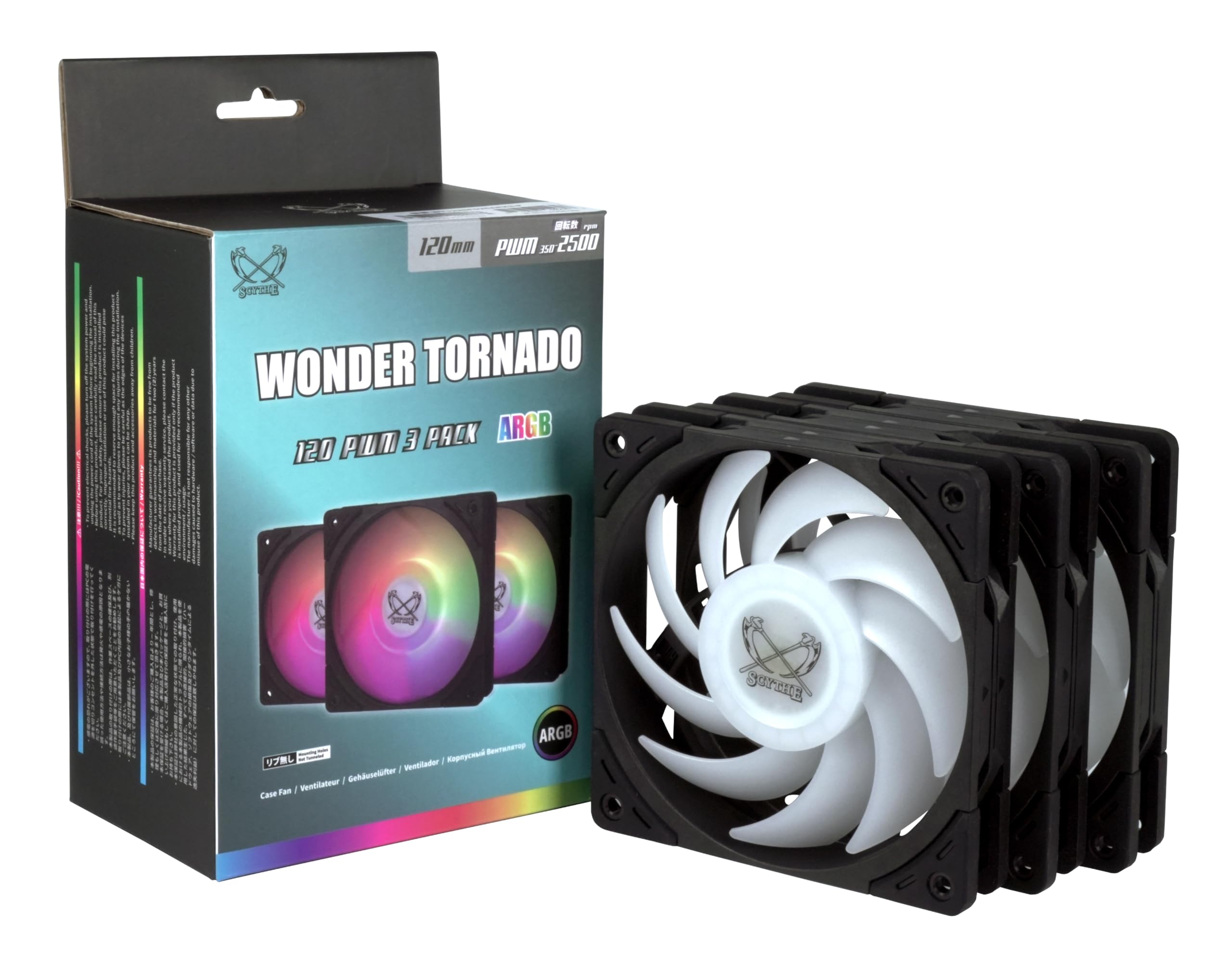 Scythe Wonder Tornado - Ventilador ARGB de 120 mm para carcasa de computadora para juegos y rendimiento, alimentación de 12 V y 4 pines, iluminación ARGB de 3 pines, 25 mm de grosor, material PBT