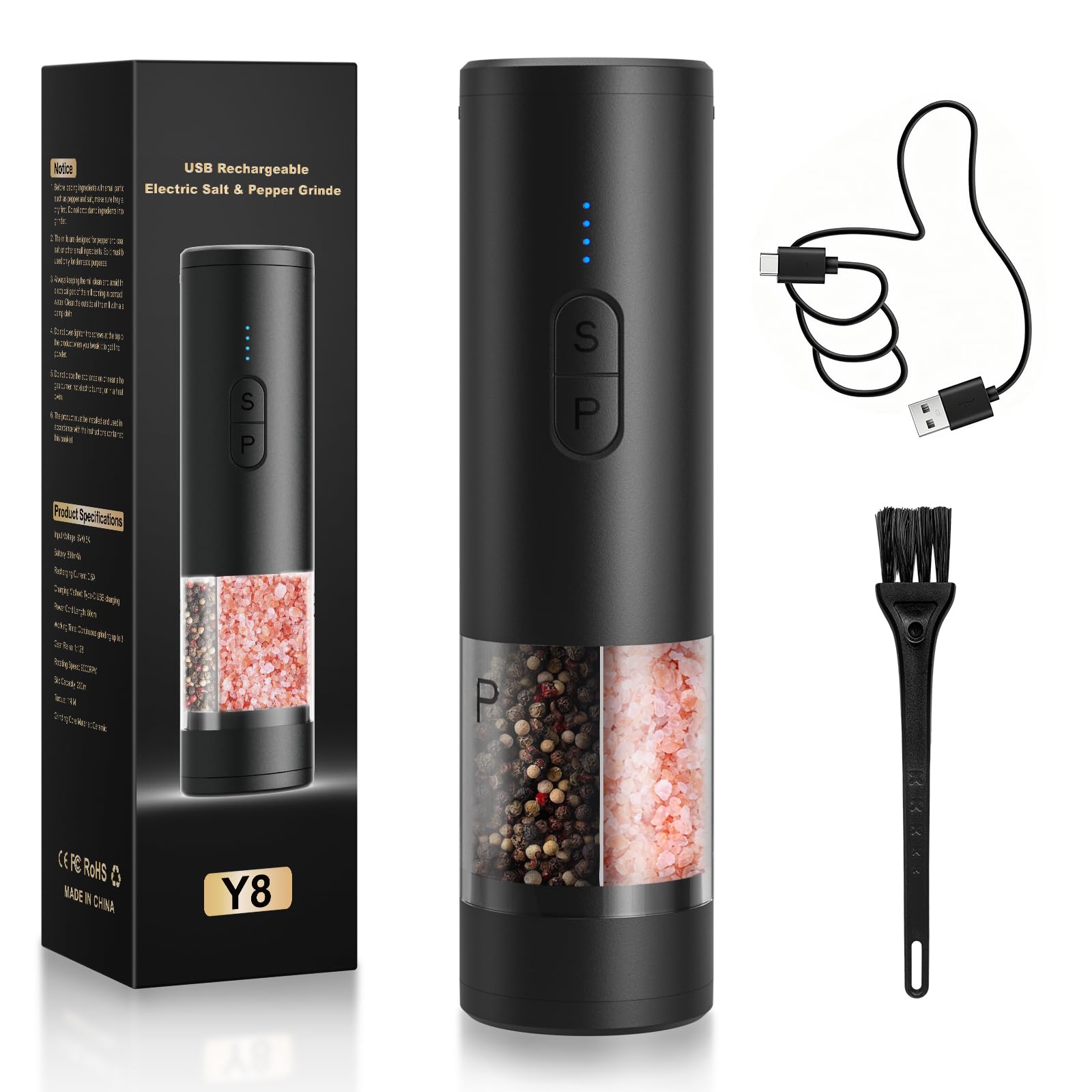 2 in 1 Salz und PfeffermüHle Elektrisch Set,Wiederaufladbare Automatische Pfeffermühle, LED-Beleuchtung, Einstellbare Mühle, Großes Fassungsvermögen ideal für Küche und Grill