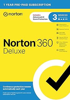 Norton 360 Deluxe 2026 Ready, Antivirus software for 3 Devices with Auto-Renewal – Includes Advanced AI Scam Protection, VPN, Dark Web Monitoring & PC Cloud Backup [Key Card]