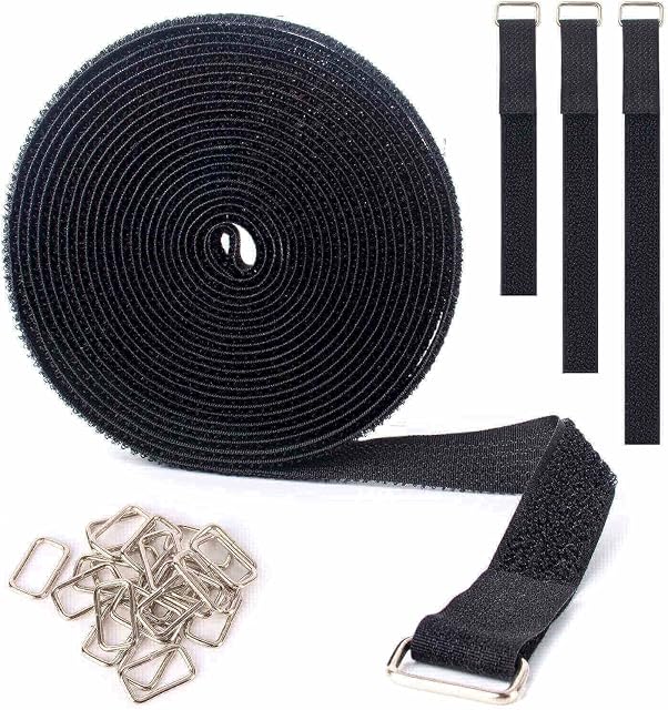 AYNKH 5m Adjustable Velcro Straps with 25 Metal Square Buckles, Cut-to-Length Reusable Cable Ties 2cm Wide Nylon Securing Cinch Strap