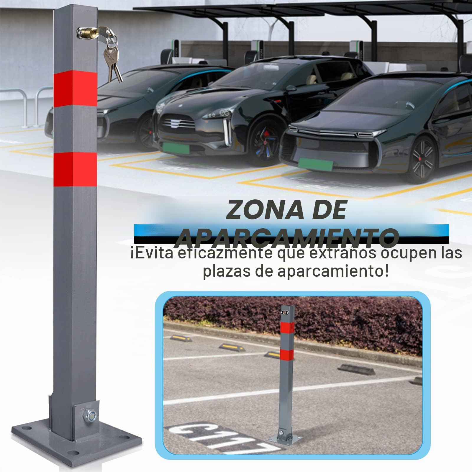 Postes de aparcamiento plegable, barrera de aparcamiento, bolardos de color de señal, 3 llaves, acero resistente, soporte estable, 1 pack