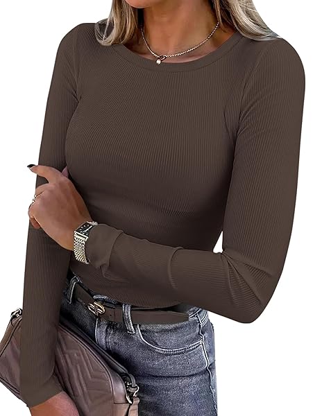 PRETTYGARDEN Women 2025 Fall Clothes Long Sleeve Shirts Ribbed Knit Fitted Basic Tee Going Out Tops Underscrub Casual Outfits