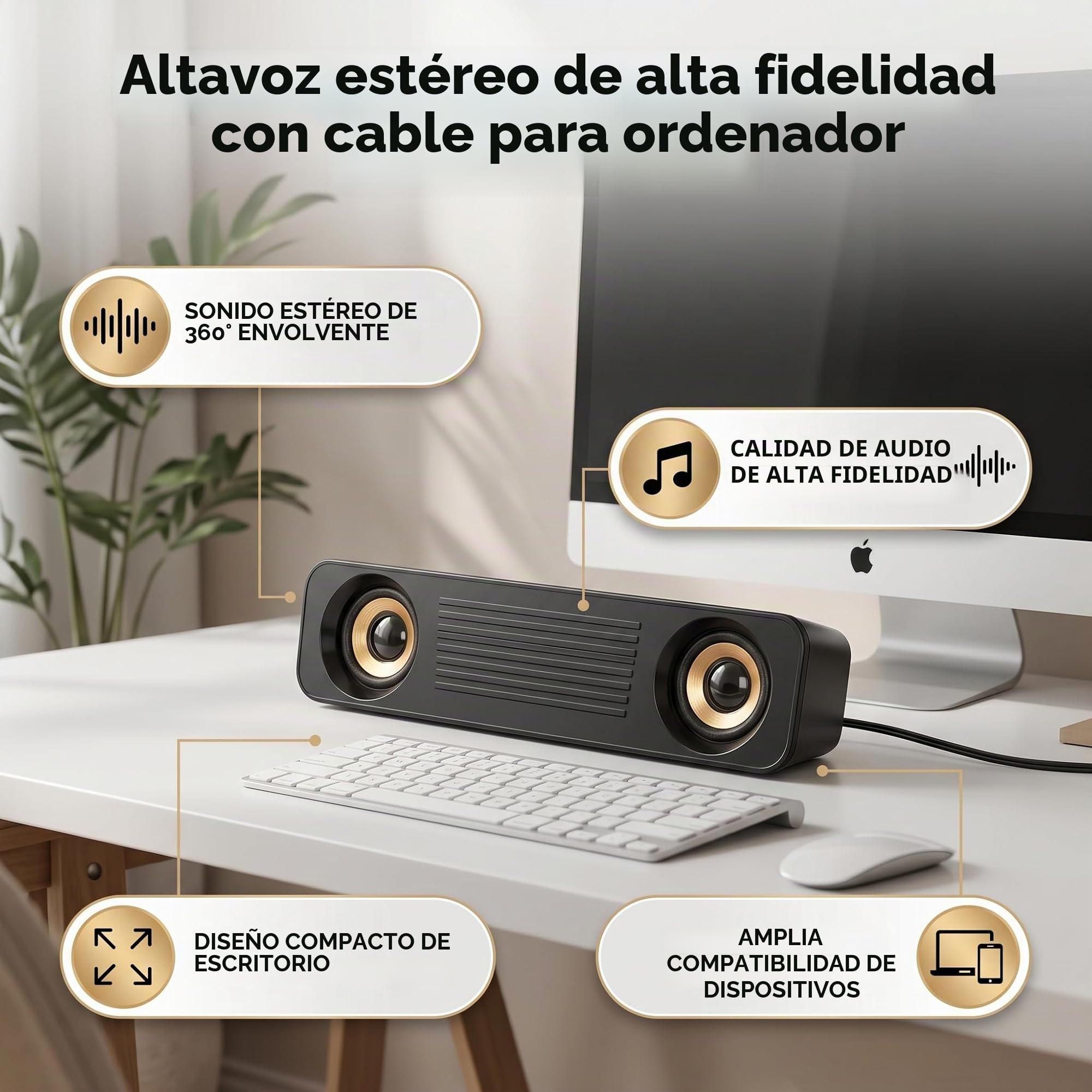 Barra de Sonido para TV, Subwoofer Estéreo de Alta Fidelidad con Enchufe de 3,5 Mm Alimentado por USB Altavoces de TV Altavoz Largo para Computadora de Escritorio de TV