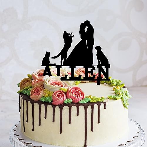 Miniatura 4 de Decoración para tartas de pareja con mascotas, dos perros y un gato, 5.9 pulgadas, acrílico, personalizable, fecha y nombre, novia y novio, tenedor