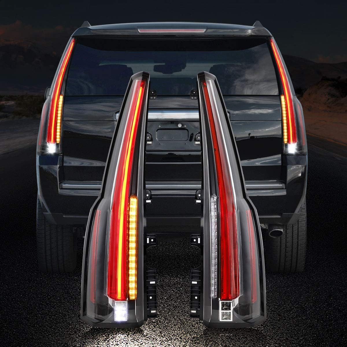 VLAND LED Tail Lights Assembly for GMC Yukon 2015 2016 2017 2018 2019 2020, Plug & Play Rear Lamps with Amber Turn Signal, YAB-GMC-0268, Driver & Passenger Sides (Red & Clear)
