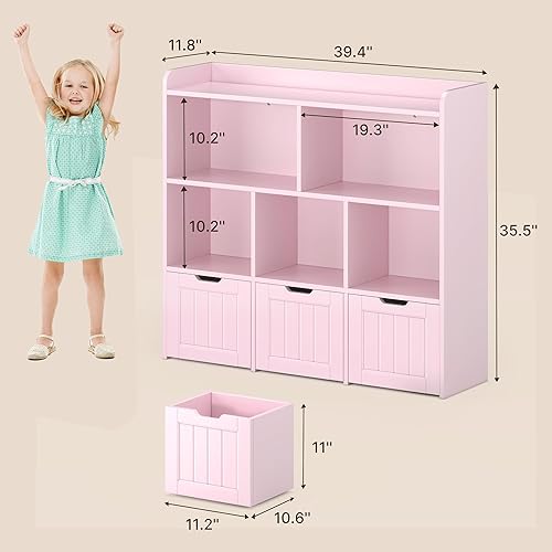 Miniatura 2 de Gizoon Gabinete de almacenamiento de juguetes y estantería para niños con 3 cajones móviles y 6 estantes abiertos con barrera de prevención de