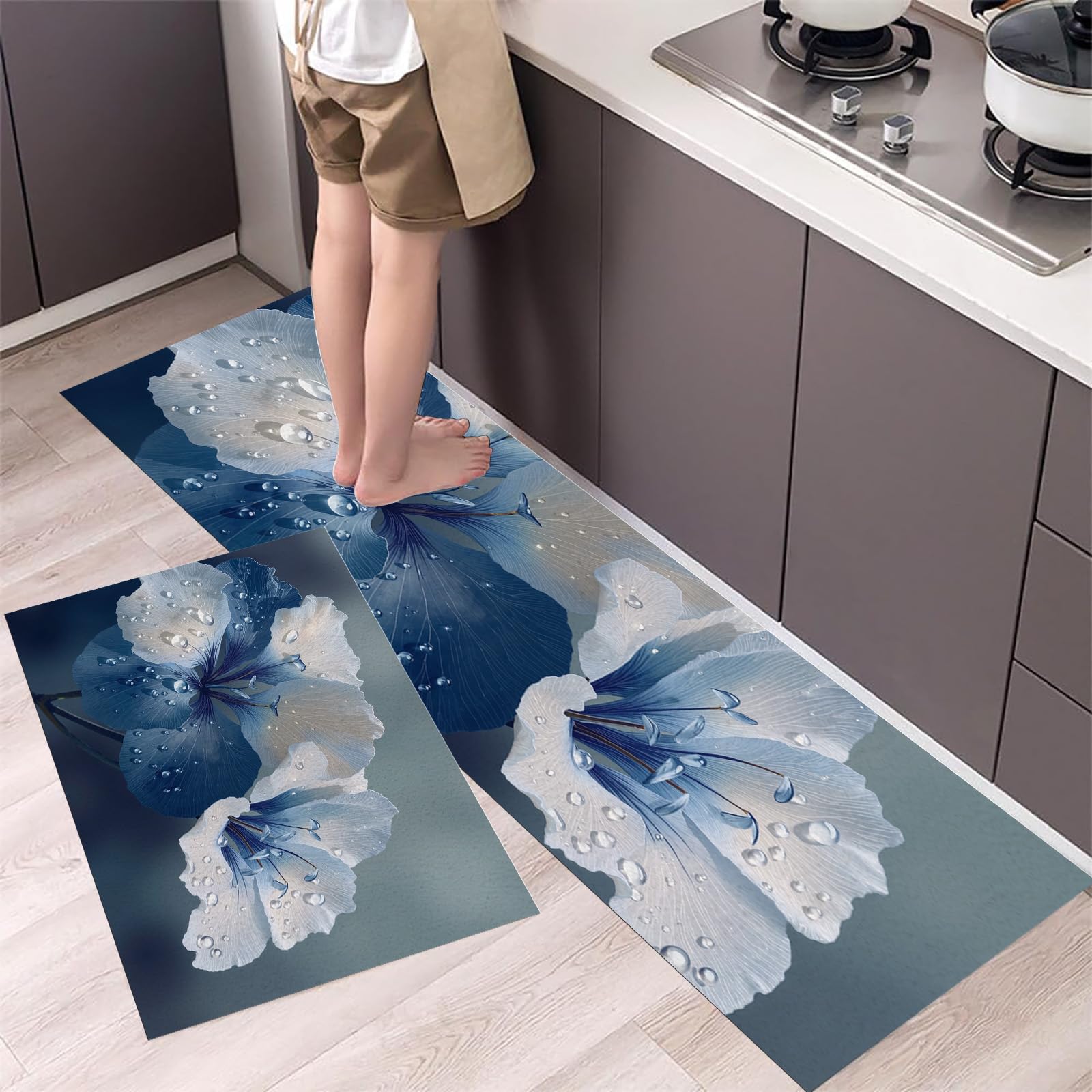 Alfombra cocina lavable y antideslizante azul marino de dos piezas con estampado floral