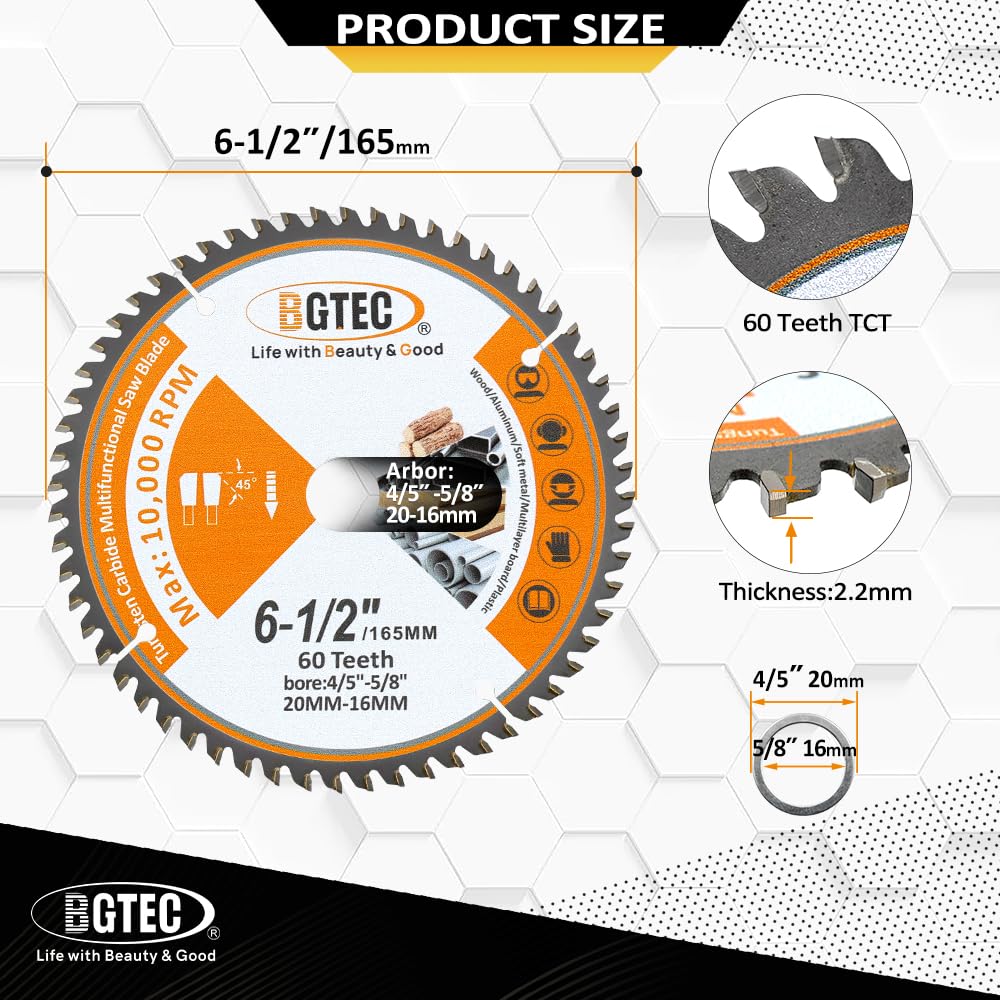 Lame per Seghe Circolari TCT con Denti in Metallo Duro per Uso Generale 165MM 60T con Foro di 20MM per Legno Alluminio Plastica Rame BGTEC, 5 Confezioni