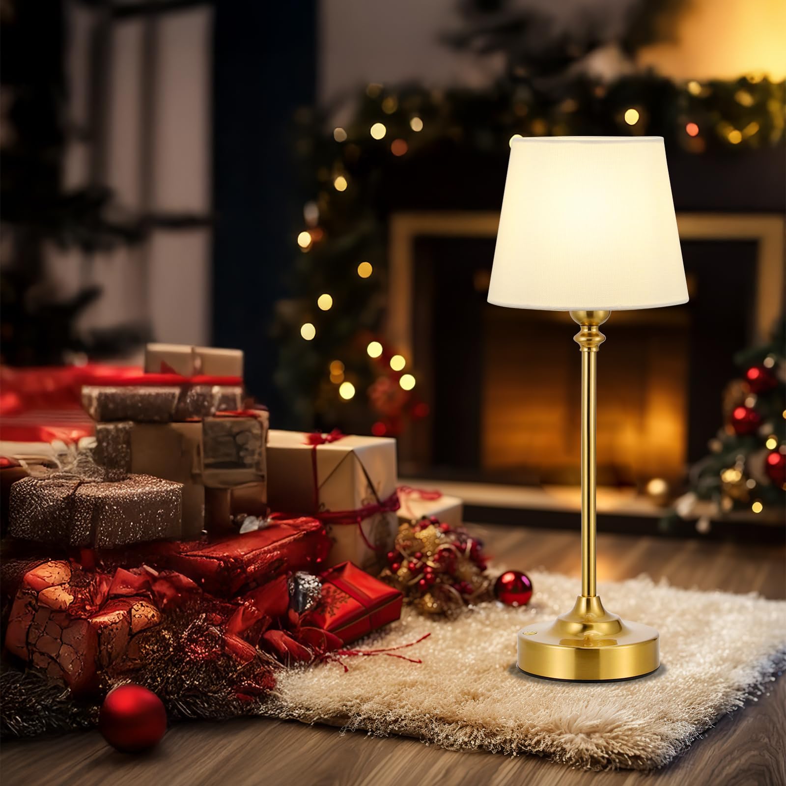 Tischlampe Kabellos 2er Set, Touch LED Nachttischlampe Akku, Stufenlos Dimmbar, Weißer Leinenschirm, Wiederaufladbar Lampe mit USB-C Anschluss für Nachttisch Esszimmer Wohnzimmer(Messing)