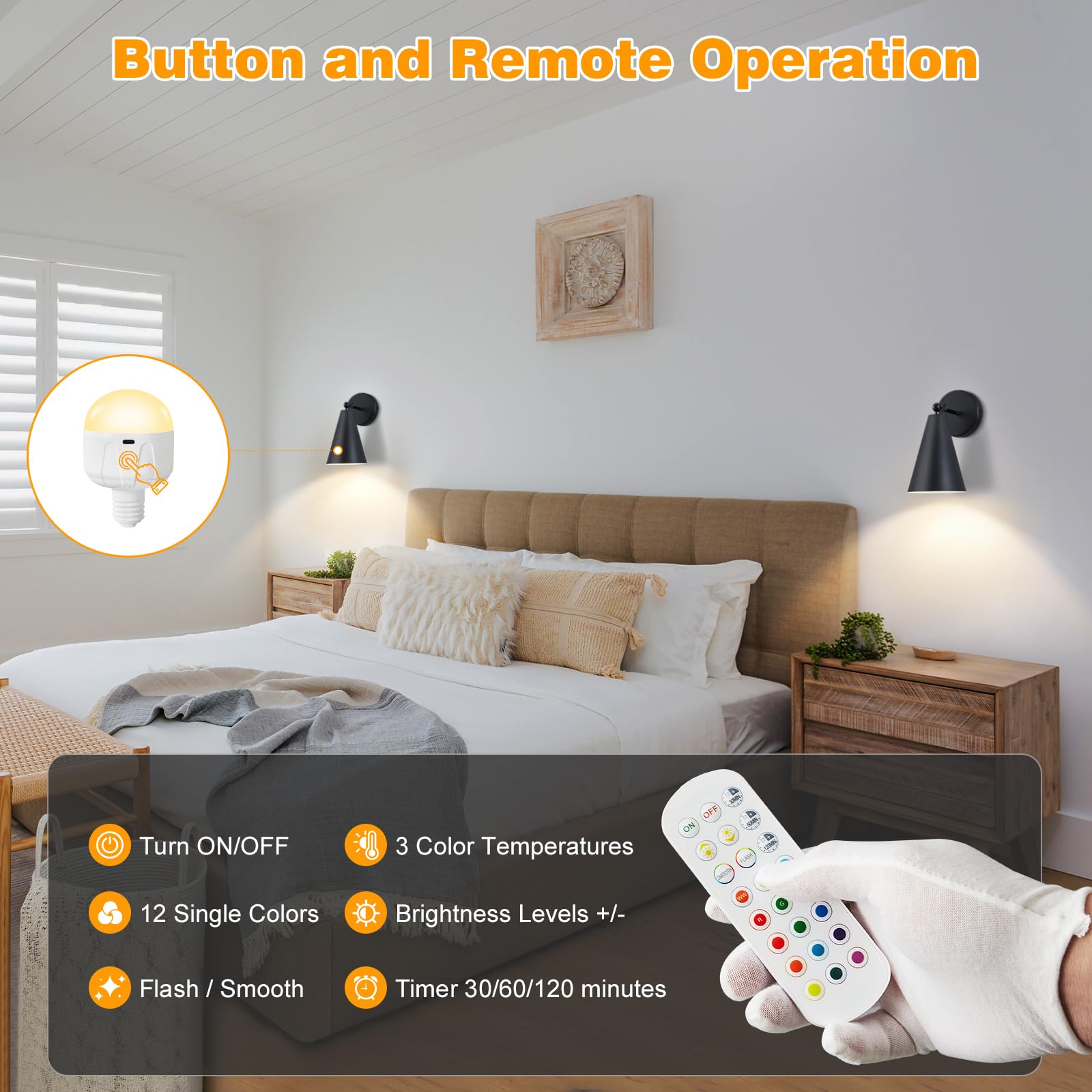 Bombillas recargables con control remoto, 2000 mAh, magnéticas, alimentadas por batería, bombilla LED E26 con temporizador para lámparas/candelabros/camping al aire libre, 3 temperaturas de