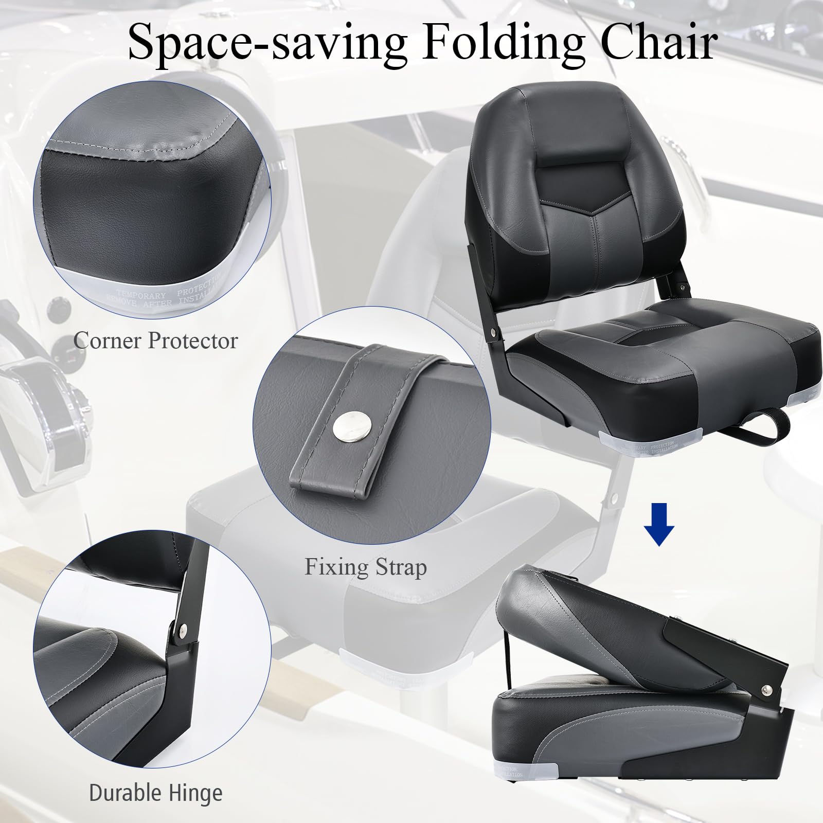 HOMASIS Lot de 2 Sièges de Bateaus Pliants Ergonomiques, Siège de Pêche Pliable avec Sangles et Vis de Fixation, Chaise de Bateau avec Cousssin pour Voilier Bateau de Pêche Yacht 42 x 50 x 52 (noir)
