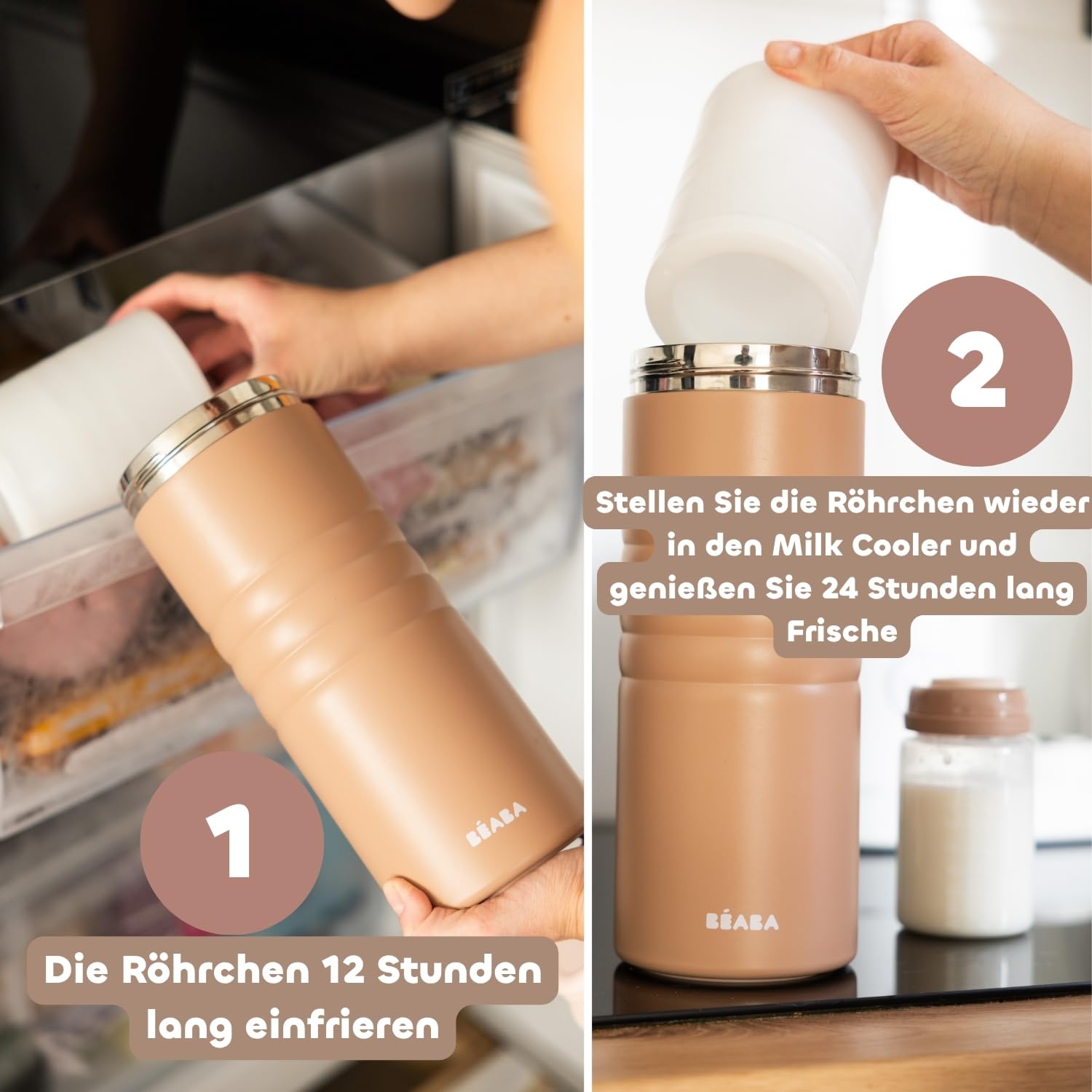 BÉABA, Mobiler Muttermilch-Kühler, bis zu 24h Kühlung ohne Strom, Edelstahl-Thermobehälter, 360° Kühlröhren, Transport & Lagerung, 480 ml, Milk Cooler, Pralin