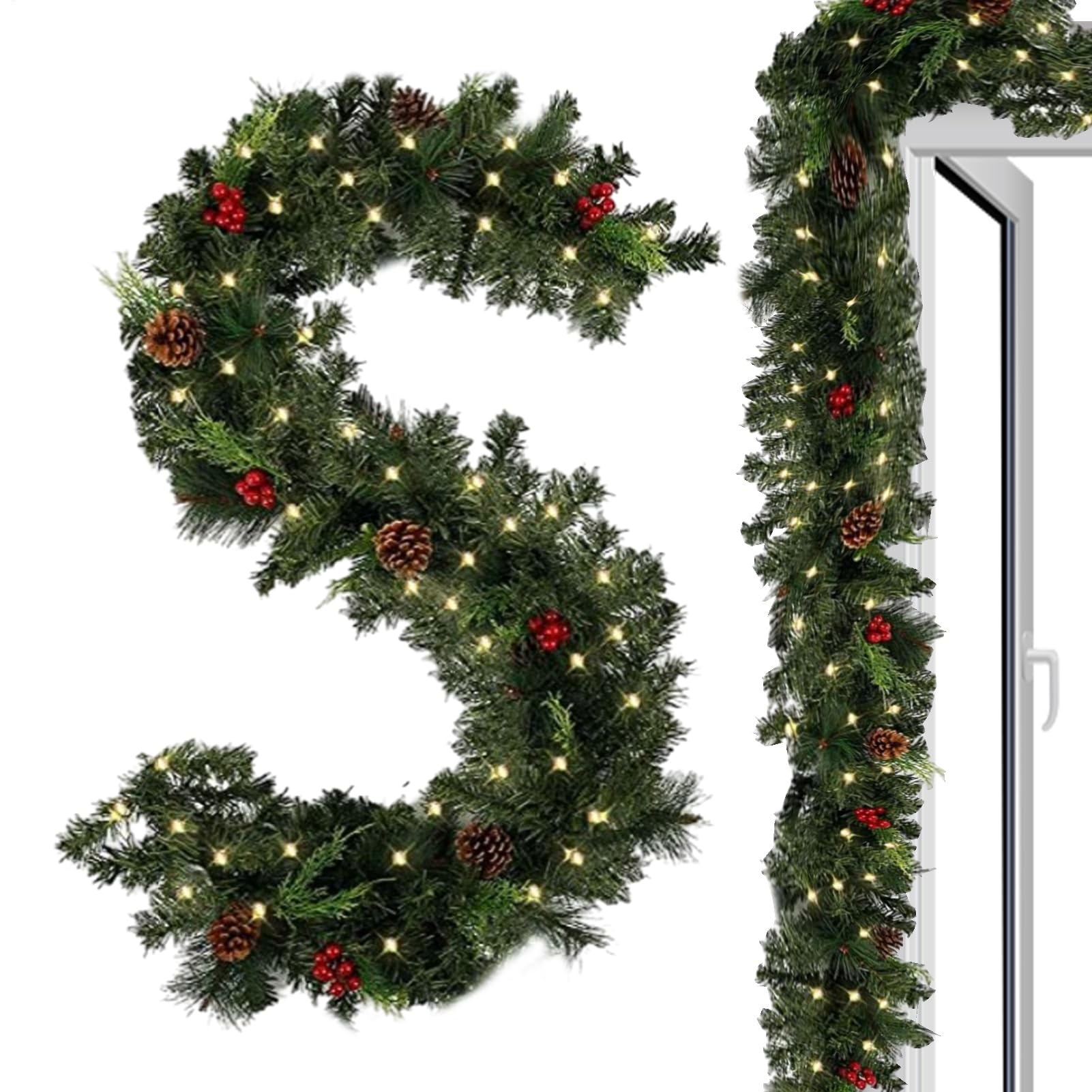 Guirlande de Noël artificielle lumineuse de 1m80 avec baies rouges à piles