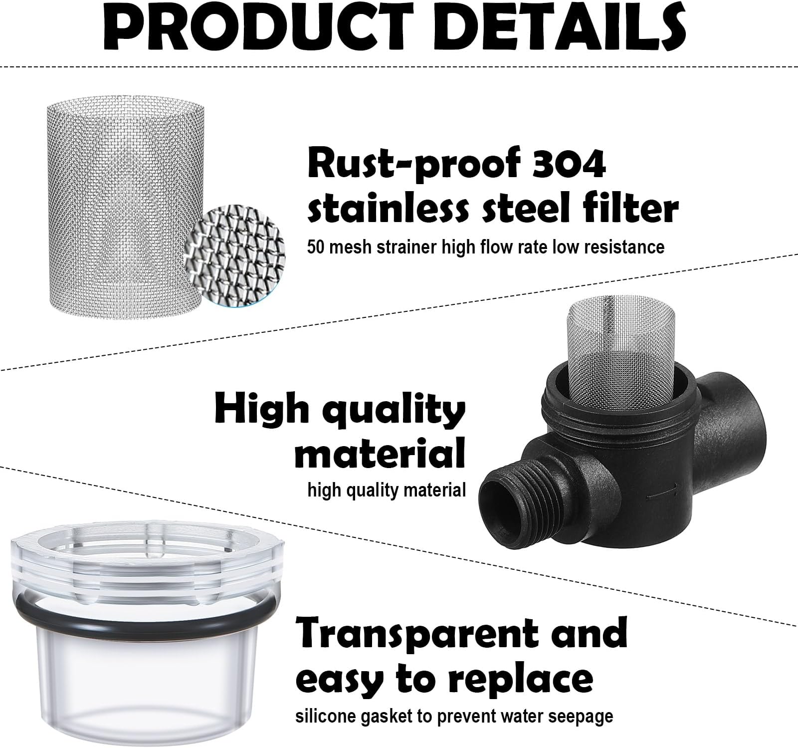 Honoson Water Pump Strainer Filter, RV Replacement 1/2 Twist-On Pipe Strainer with 50 Mesh Stainless Steel Filter Screen Compatible with WFCO or Shurflo Pumps, 2 Pieces