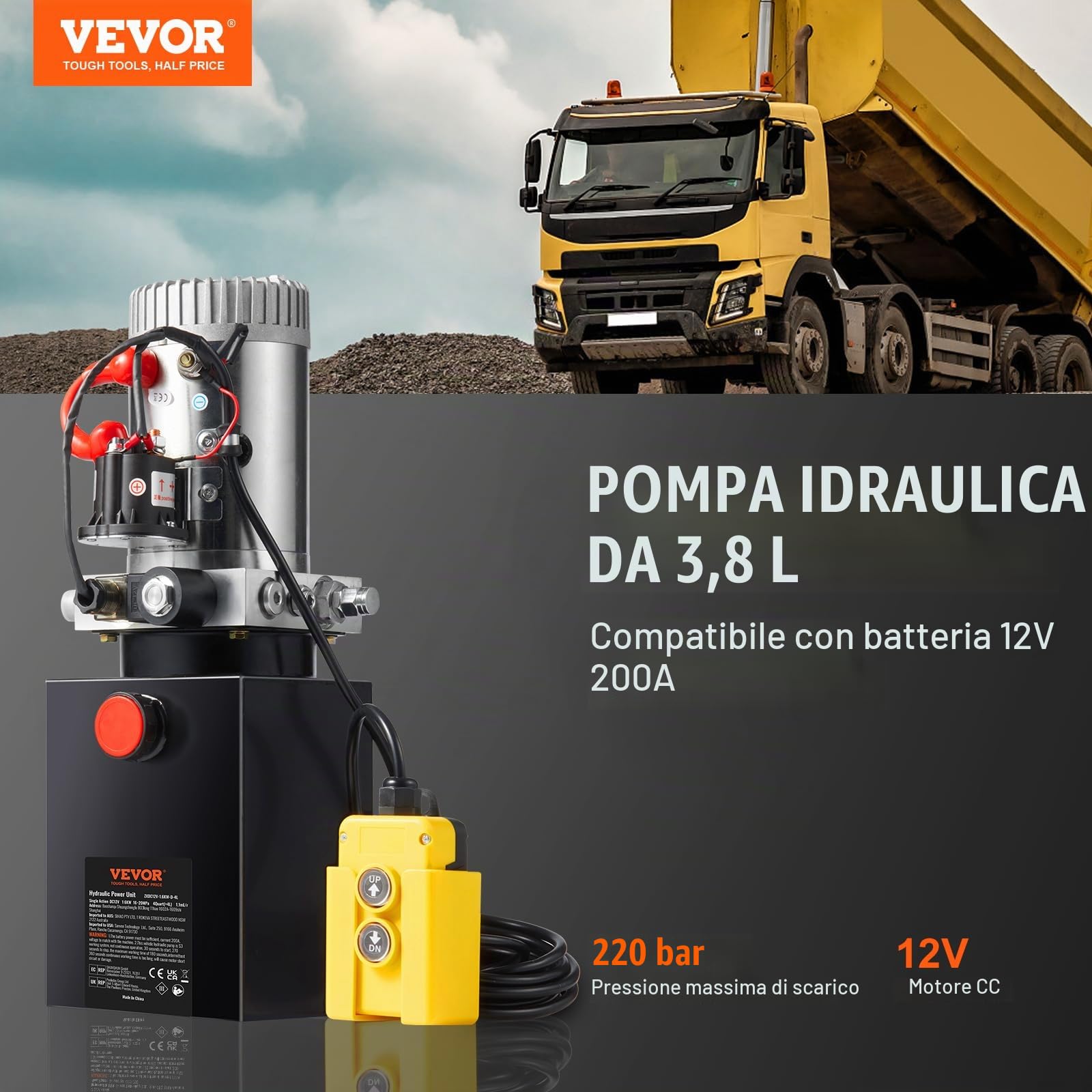 VEVOR Pompa Idraulica CC 12V Capienza ca. 4 L Centralina Idraulica ad Azione Singola Flusso d'Olio ca. 3,44 L/min Pressione Massima di 22 MPa, Pompa per Montacarichi Auto Camion Rimorchio da Garage