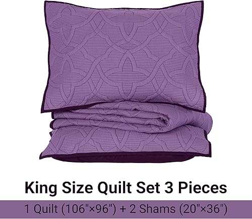 Miniatura 7 de Rosecret Juego de edredones de algodón tamaño King, reversible, color morado oscuro, resistente a las arrugas y a la decoloración, colcha geométrica
