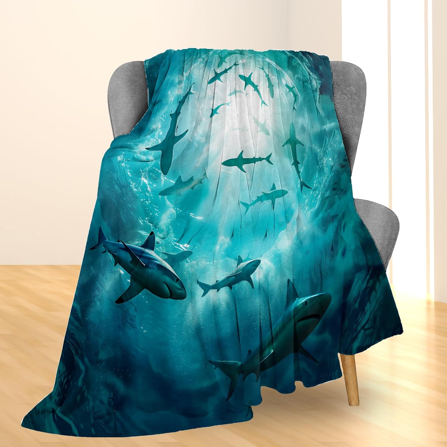 Ocean Shark Blanket Gifts, Sunlight Rays Marine Wildlife Flannel Throw Blanket for Couch, Bed, Travel & Home Decor, Cozy Lightweight Fuzzy Warm Nautical Blankets for Women Kids Boys 60×50 in