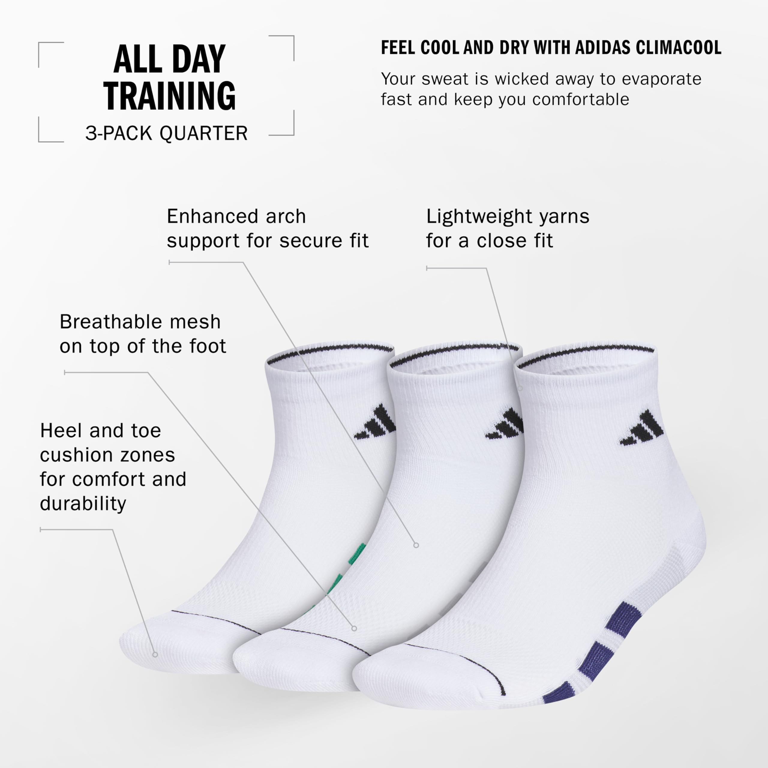 adidas Herren Ganztägige Training Quarter Socken Sport Performance über dem Knöchel mit gezielter Dämpfung zum Laufen (3 Paar)