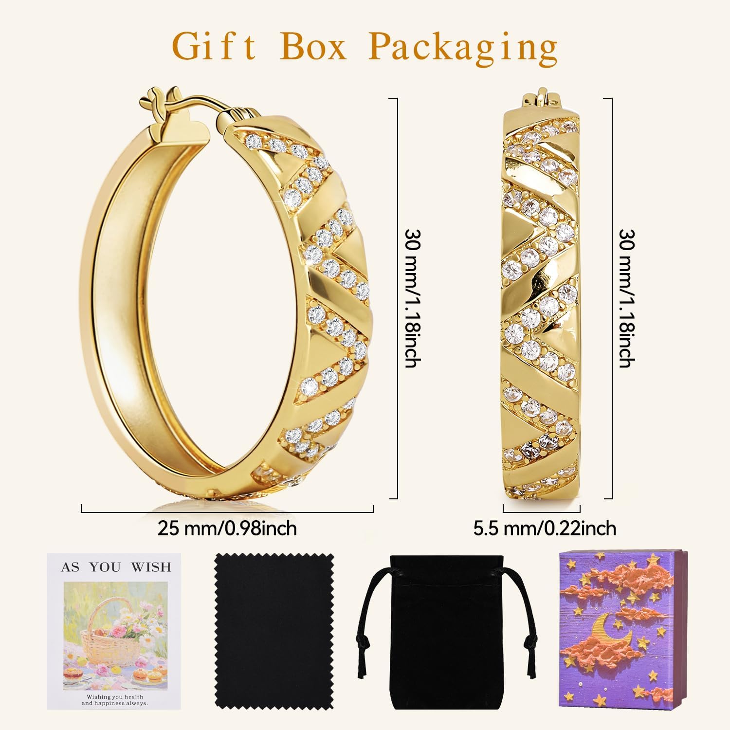 14K Gold Plated Chunky Hoop Earrings for Women, 25mm Hypoallergenic Lightweight Hoops with Crisscross Cubic Zirconia, Perfect for Daily Wear, Party & Gift