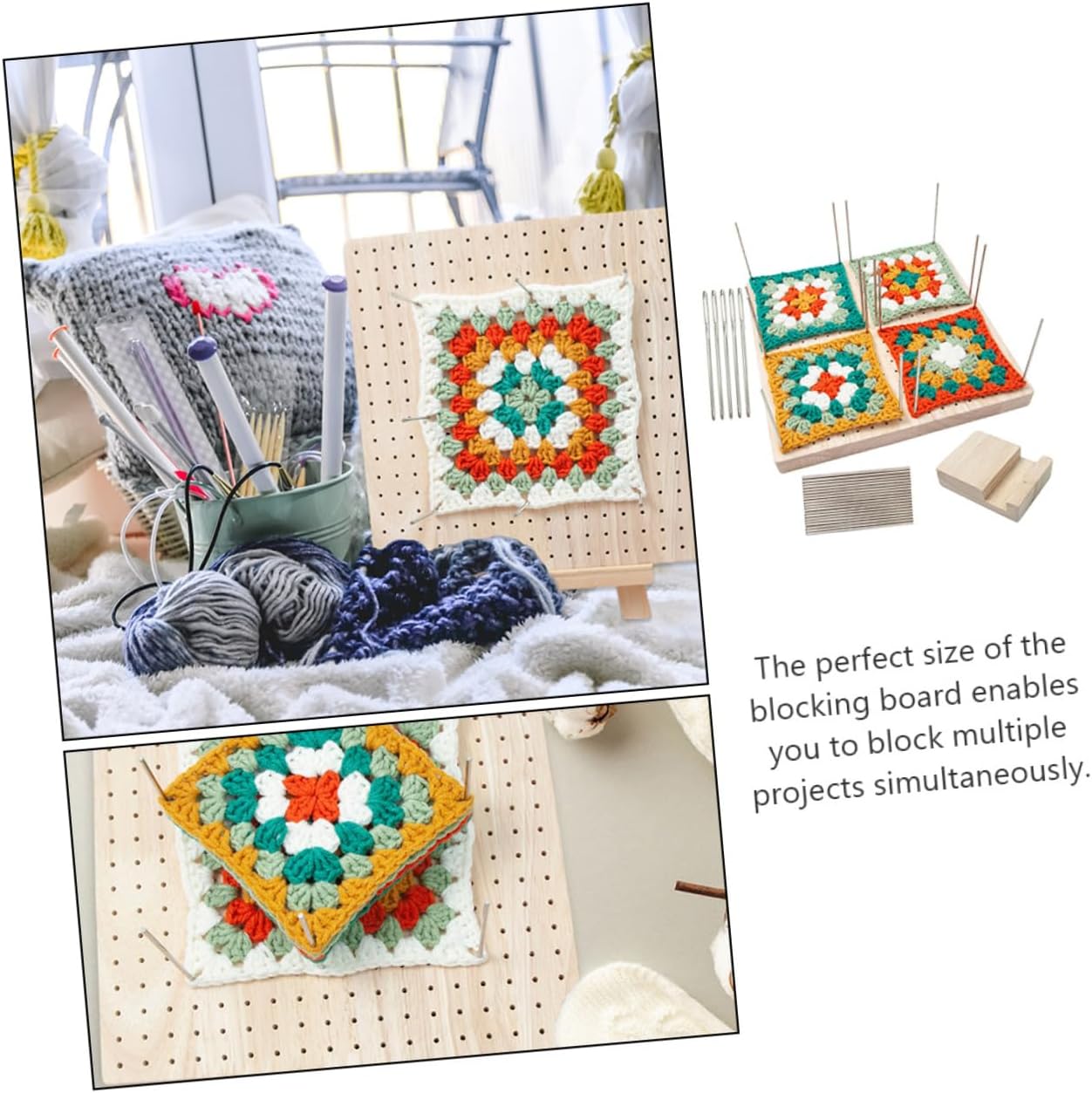 1set Wooden Crochet Blocking Board Square Shape Knitting Board for Easy Crocheting Positional Needles for Craft Projects and Parent Activities