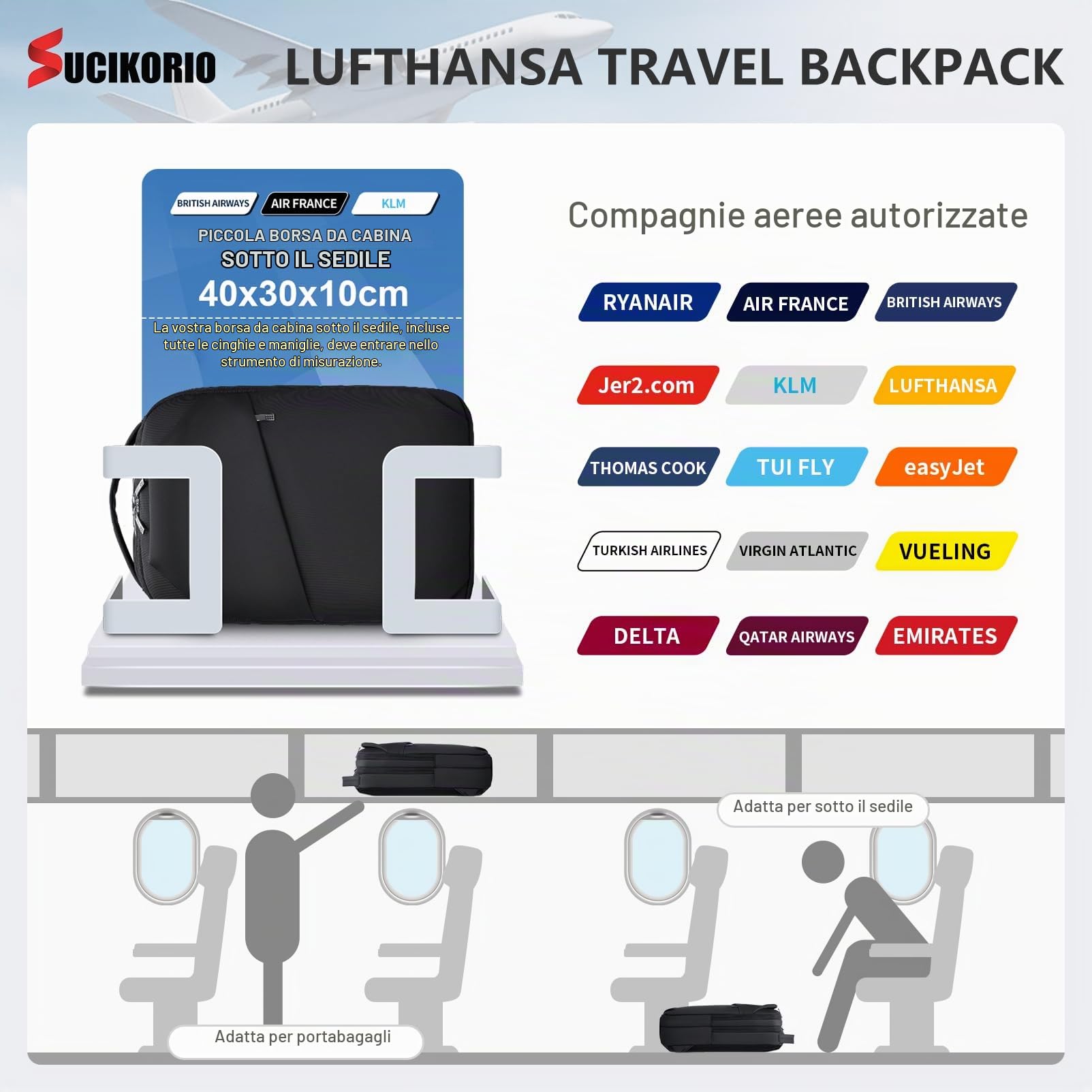40X30X10cm Lufthansa Air France British Airways Zaino da Viaggio Aereo Bagaglio a Mano, Impermeabile Nylon Zaini Bagaglio a Mano Uomo Donna Zainetto Porta PC 14 Pollici per Scuola, Viaggio