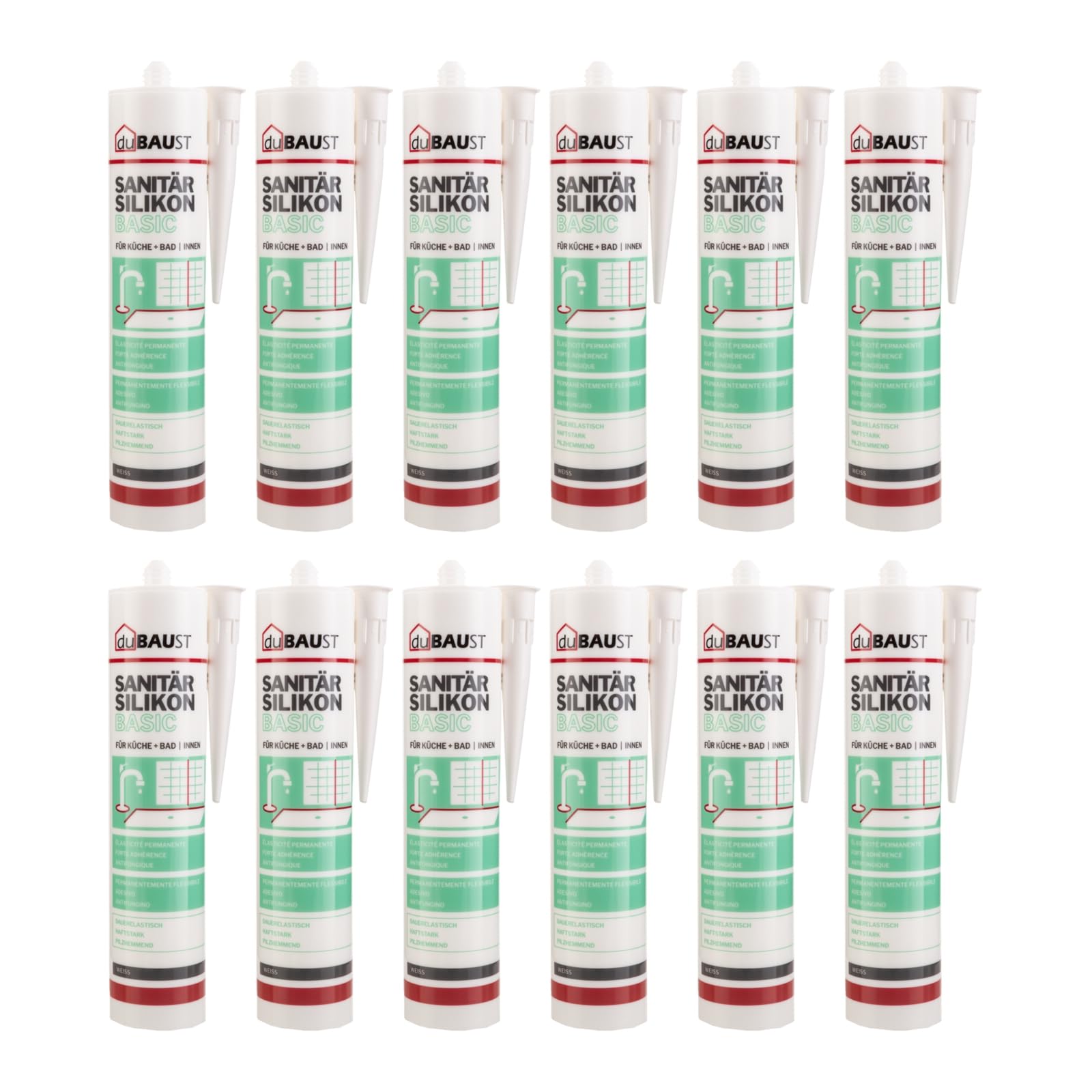 SAB24 Sanitärsilikon Basic elastisch dauernassbeständig schimmelresistent Bad Küche Dusche Feuchträume 300ml Kartusche (grau, 12)