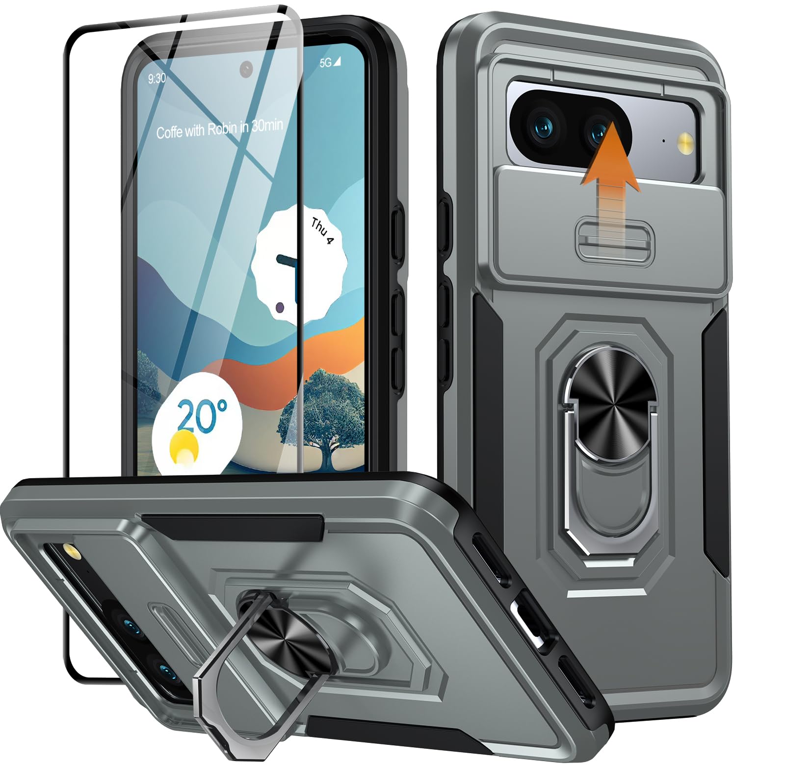 AMILIFECASES Custodia per Google Pixel 8, custodia Pixel 8 con [1 pellicola protettiva in vetro 9H] [custodia per fotocamera Silde] [anello cavalletto girevole a 360°] Custodia antiurto di grado