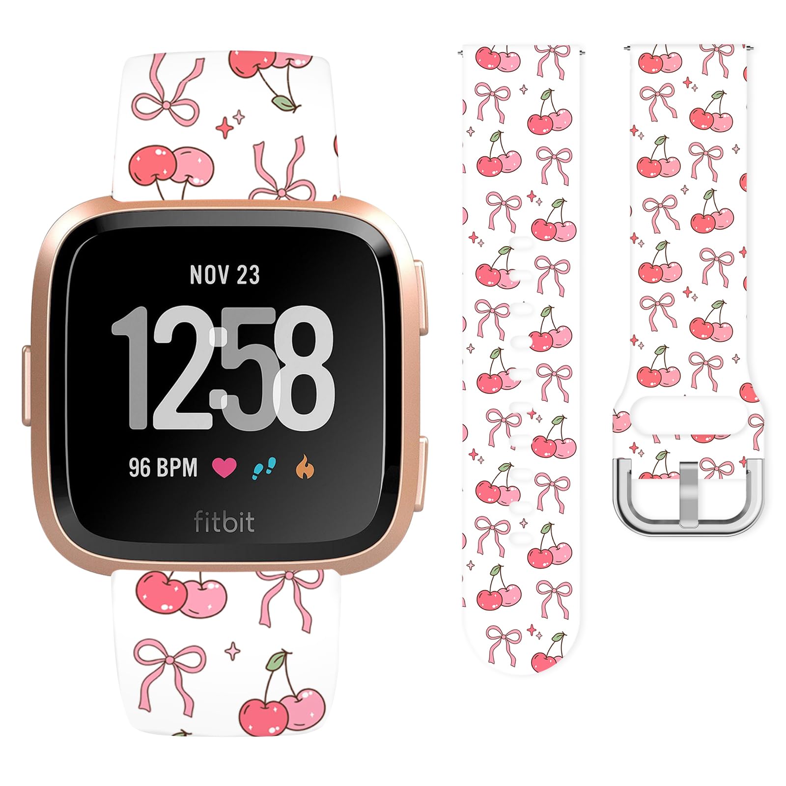 Vozehui Cherry Silicone Straps for Fitbit Versa/Versa 2/Versa Lite, Cute Soft Unique Printing Technology, Waterproof Durable Adjustable Easy Install Replacement Band for Women Girls