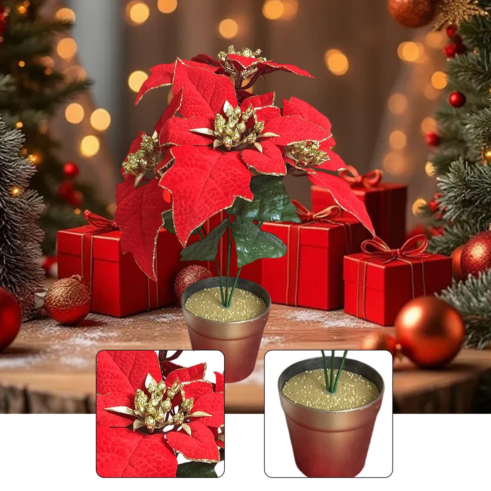 predolo Flor de Pascua Artificial, Adorno Decorativo Festivo, Planta de Flor de Pascua Roja en Maceta para Fiestas, Chimenea, Jardín, Festivales Y Navidad