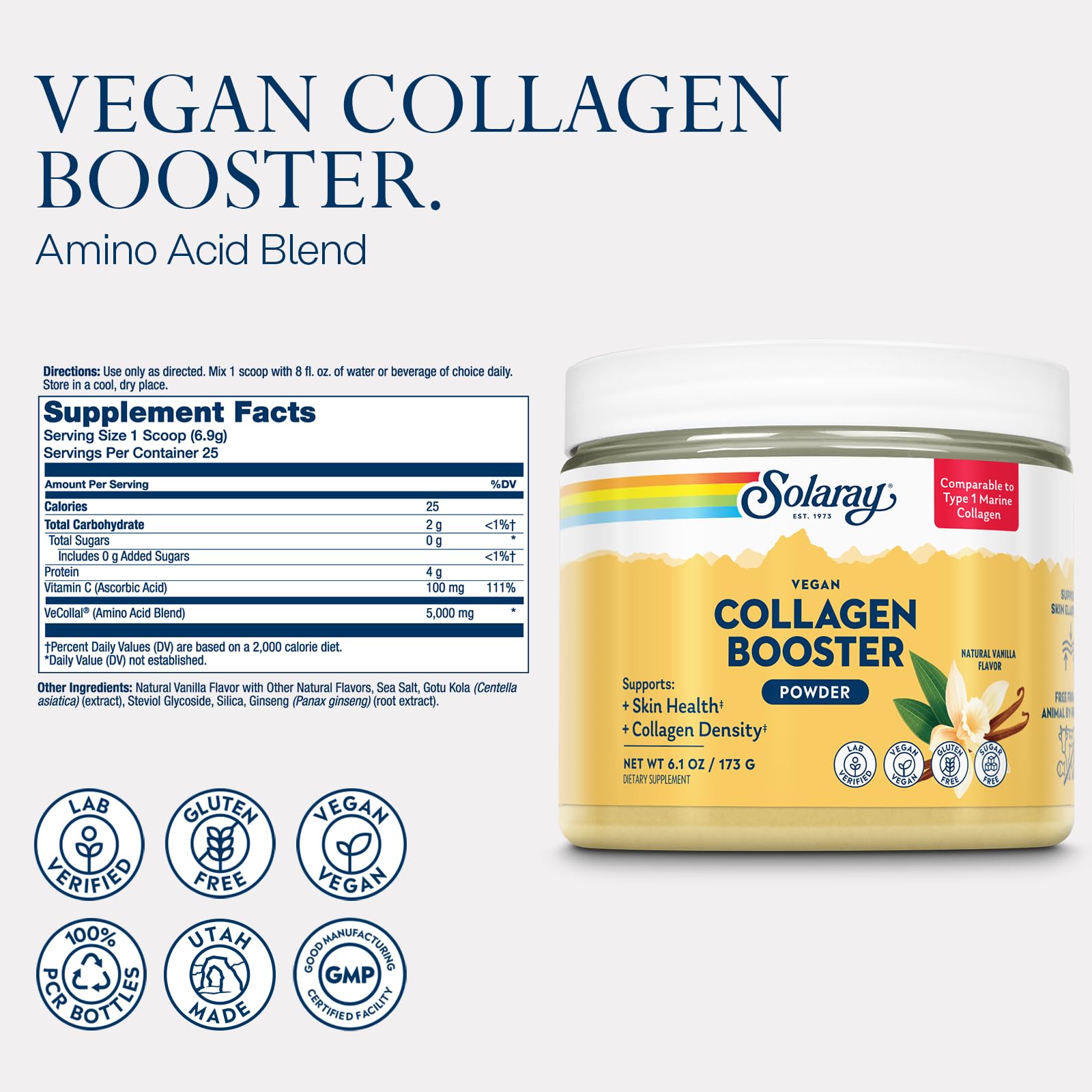 SOLARAY Renforcement au collagène végétalien - Alternative au collagène marin de type 1 en poudre - Santé de la peau et support de densité de collagène - Sans gluten, sans sucre, vérifié en