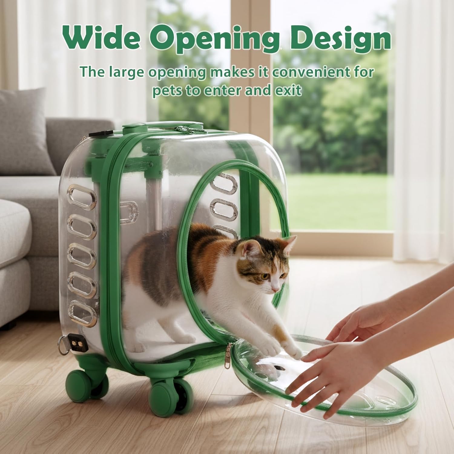 Pet Carrier with Wheels for Cats and Dogs, Clear Hard-Shell Rolling Pet Carrier with Retractable Handle, Airline-Approved Travel Carrier, Portable Cat and Dog Stroller (Green)