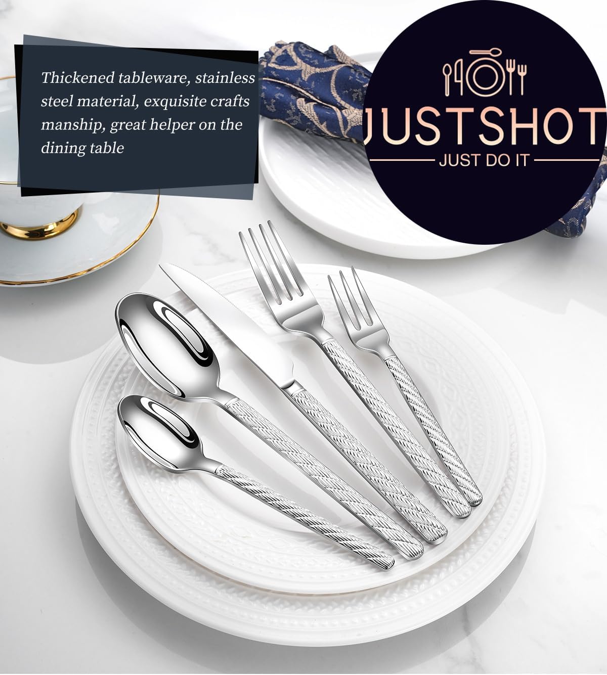 JUSTSHOT 40-Piece Hammered Silverware Set for 8,Unique 1810 Stainless Steel Twist Handle Flatware Set,Silver Forks and Spoons Cutlery Flatware Set,Mirror Polished,Dishwasher Safe