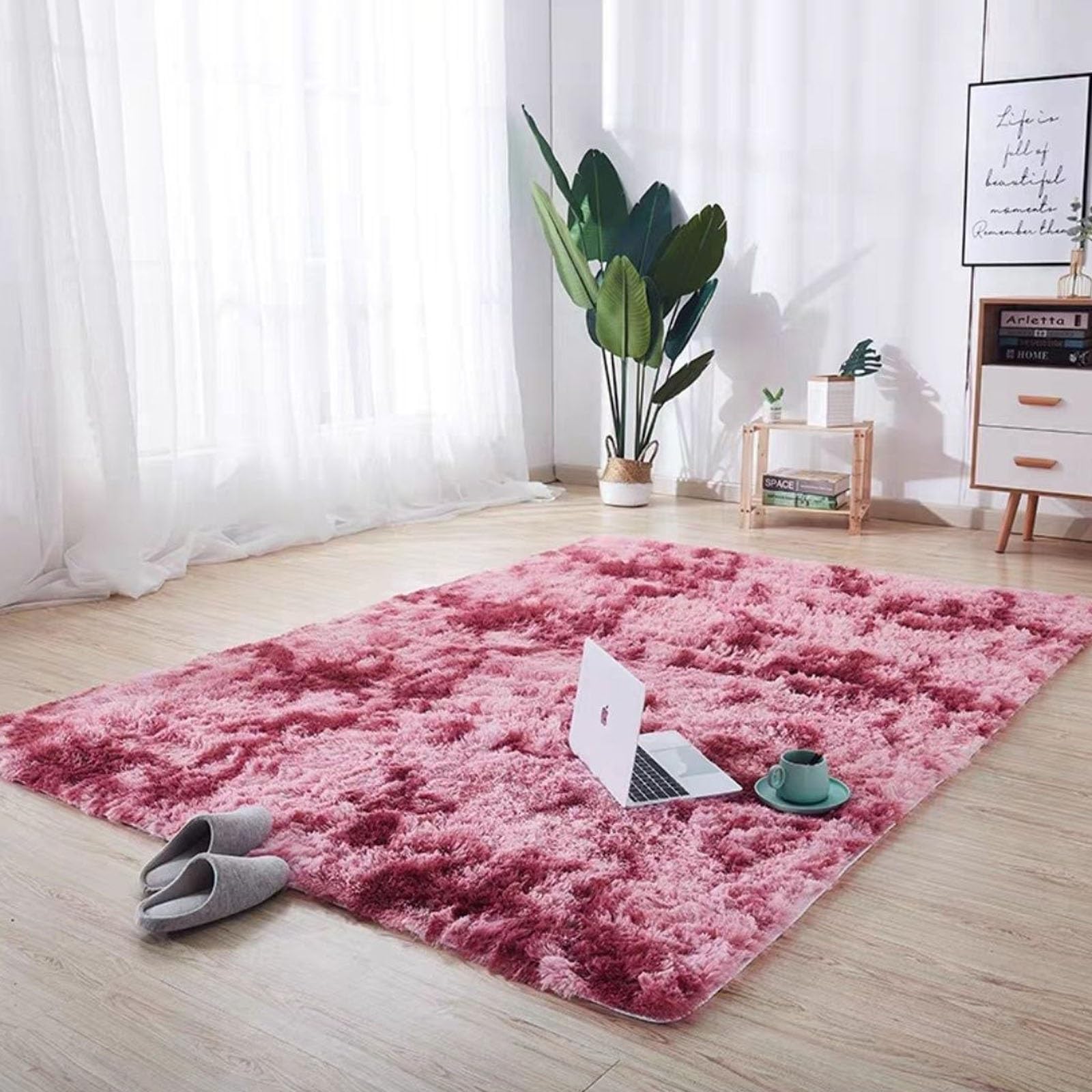 Tapis shaggy moderne rouge profond grand tapis de salon doux lavable
