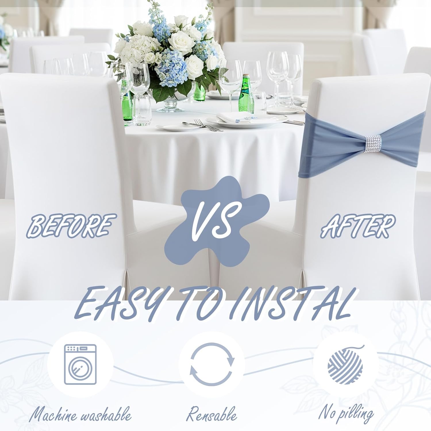 Moukeren 50 pcs Spandex Chair Sashes Bows Stretch Chair Covers Bands with Slider Buckles Universal Elastic Seat Ribbons for Wedding Party Events Ceremony Birthday Banquet (Dusty Blue)