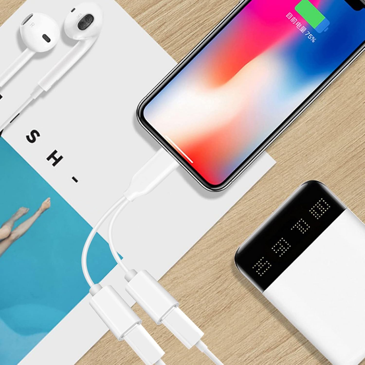 Headphone Adapter Dongle Dual Jack AUX Audio Adapter Compatible with Phone 13/12/11/X/XS/XR/Pro Max/8 7P Connector adaptador para Phone Splitter Headphone and Charger Converter Support All iOS -White