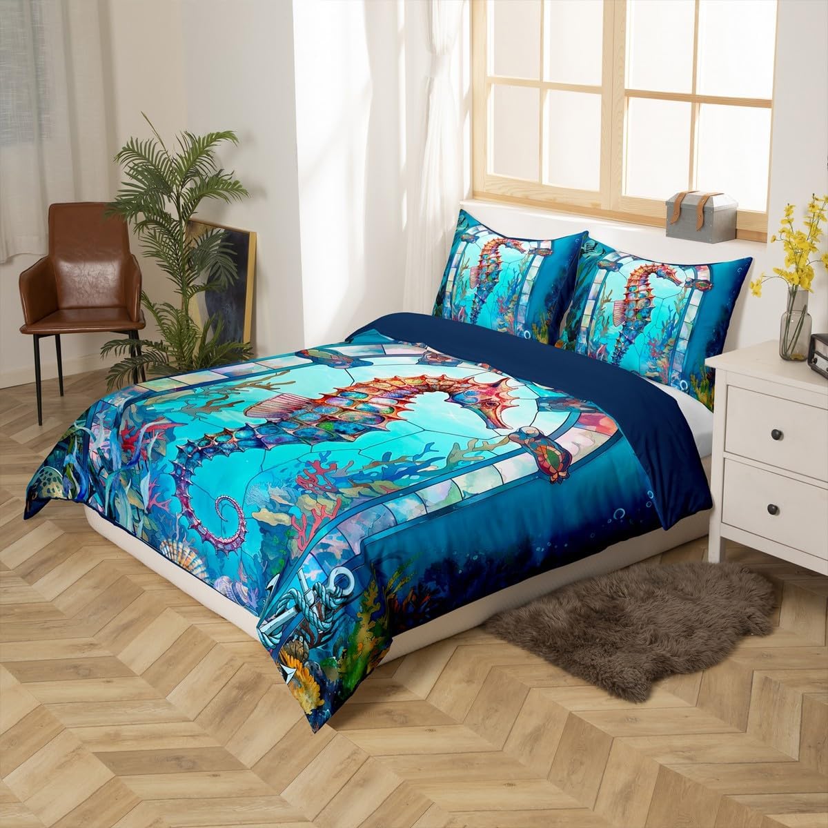 Feelyou Seahorse Duvet Cover King Size Ocean Creature Themed Bedding Set Sea Underwater World Comforter Cover Set Marine Life Sealife Bedspread Cover Aquatic Animal Printed Bedclothes Zipper